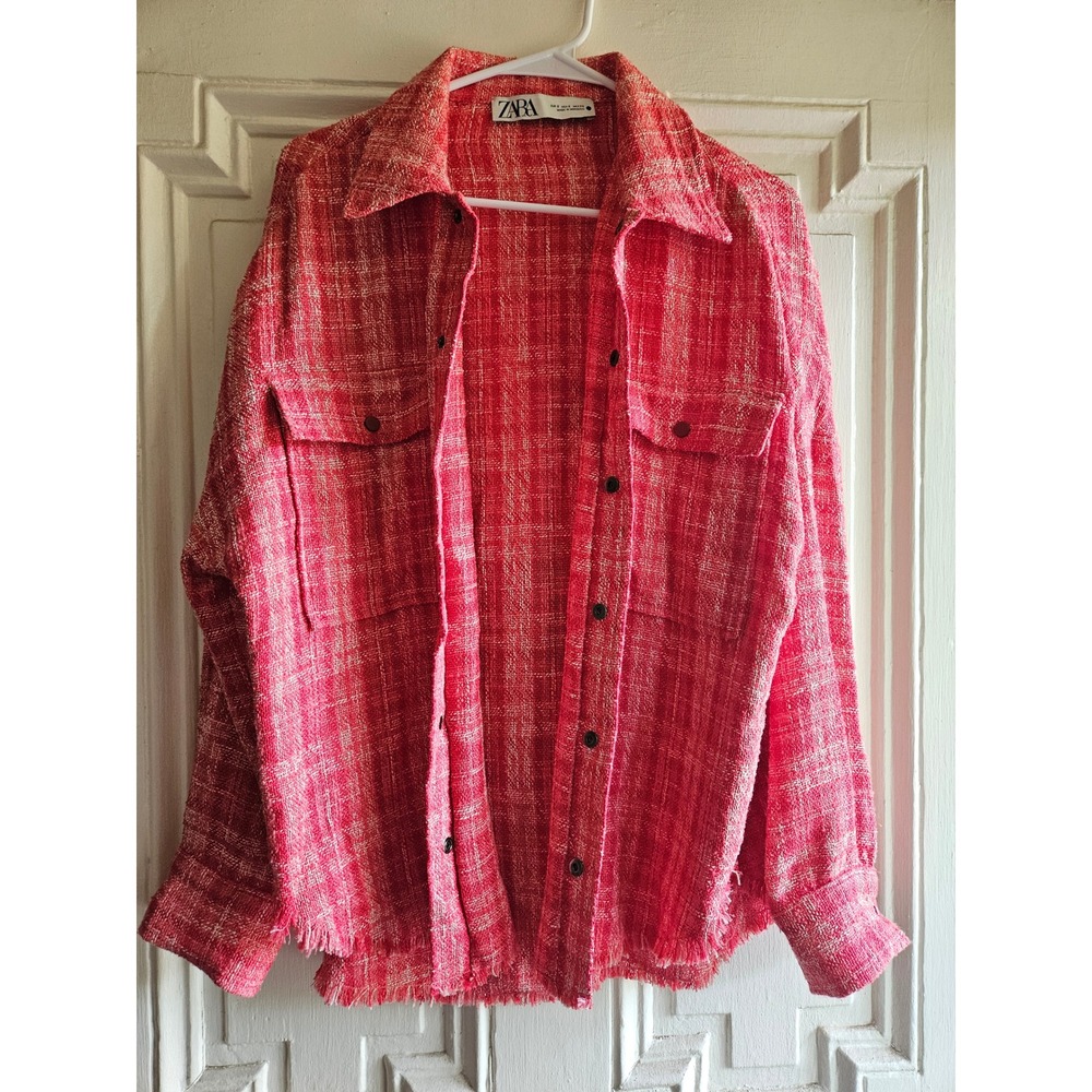 Vintage Zara Pink Tweed Shacket Frayed Hem Button Down Shirt Jacket Womens Small